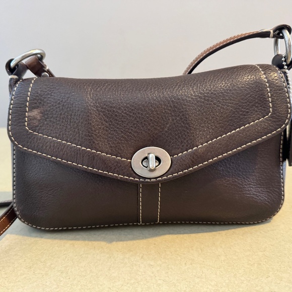 Coach Hamilton Pebbled Leather Crossbody Bag with Turn Lock- Dark Brown - Picture 1 of 5